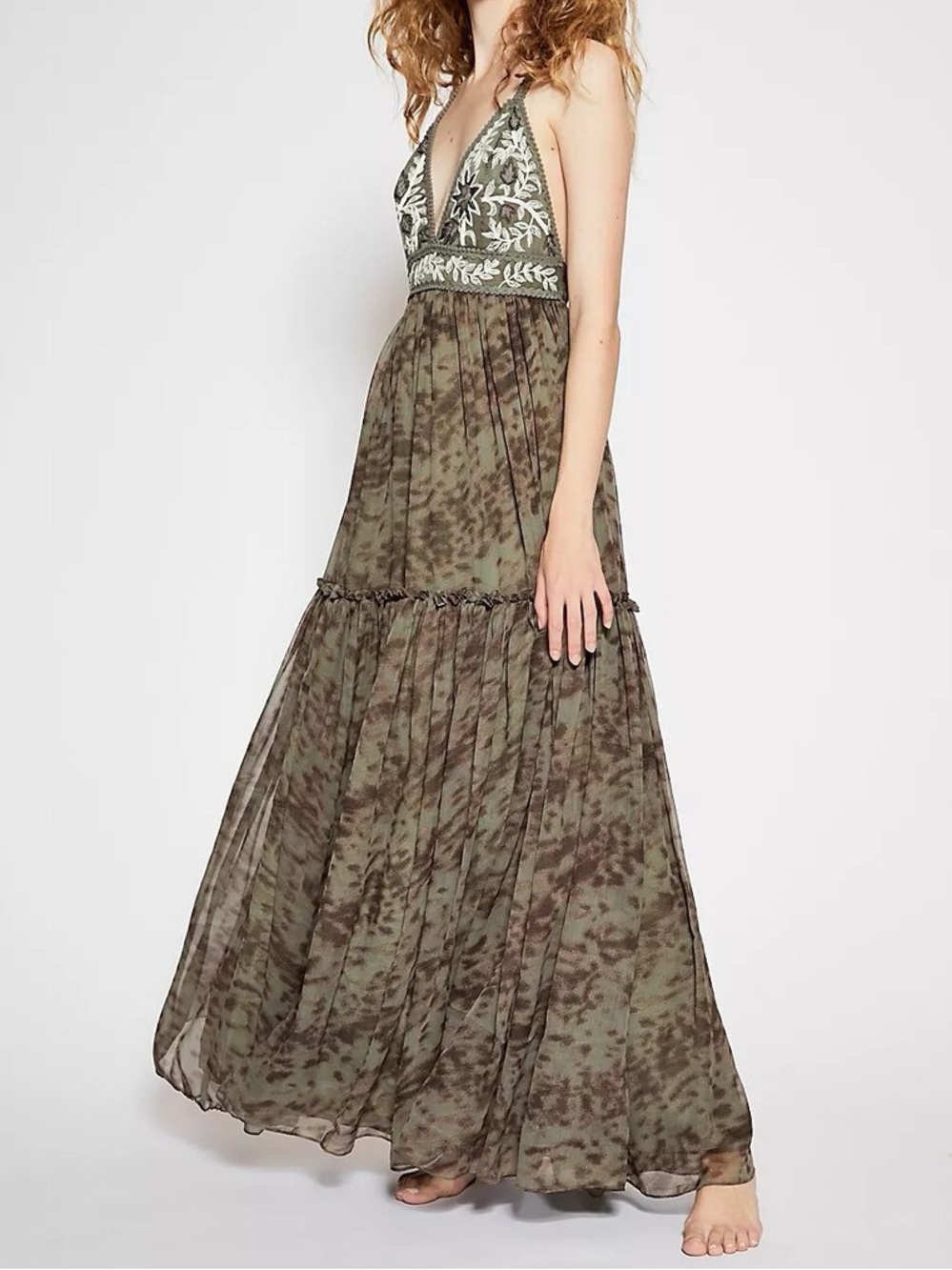Free People Manarola Embroidered Chiffon Open Back Maxi Dress Flowy Green Small